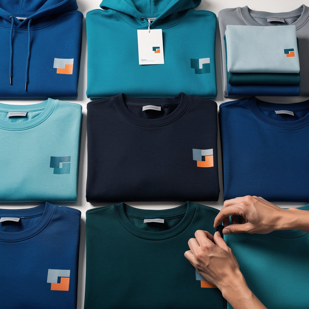 Property of X custom apparel branding showing branded streetwear garments with logo placement for brands and teams