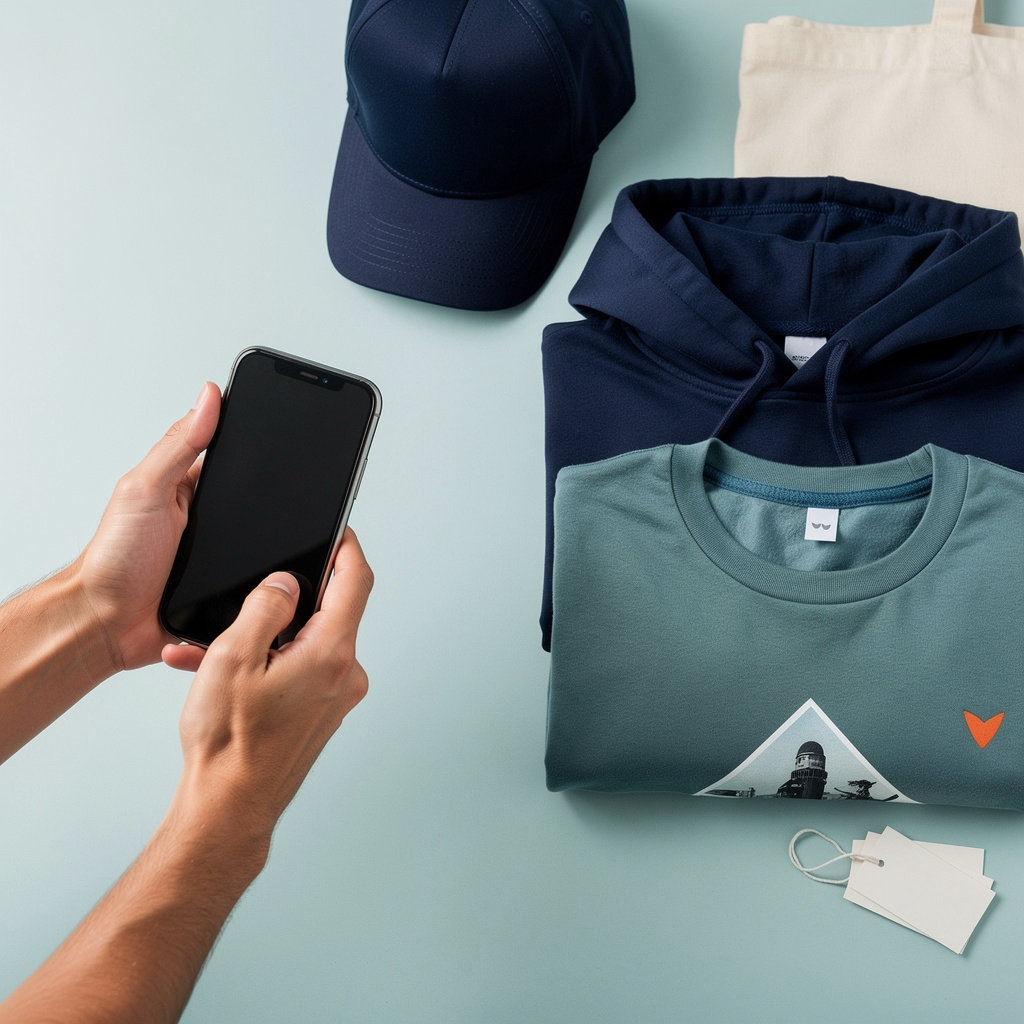 Property of X streetwear and custom apparel branding help center, neutral lifestyle image of folded garments for sizing and ordering questions