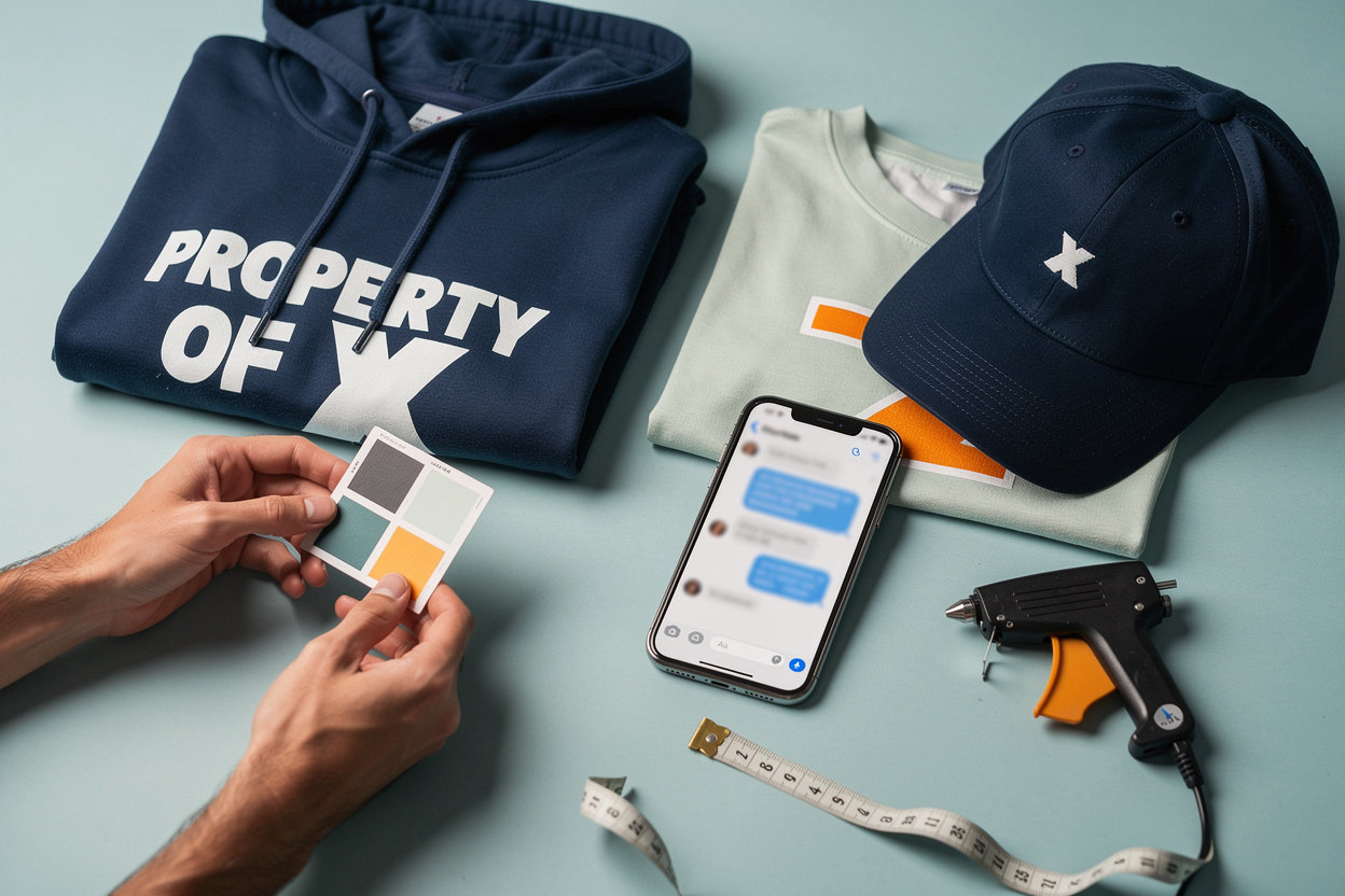 Property of X streetwear pieces laid out for ordering through Messenger, showing how to order custom apparel with your logo